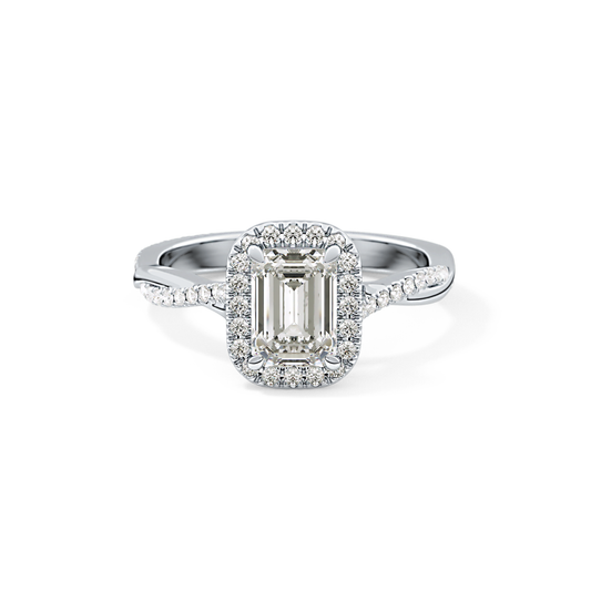 Emerald Cut 1.02 Carat Moissanite Ring – Twisted Shank, Halo and Pave Setting in Gold