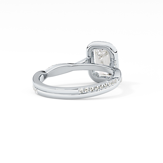 Emerald Cut 1.02 Carat Moissanite Ring – Twisted Shank, Halo and Pave Setting in Gold