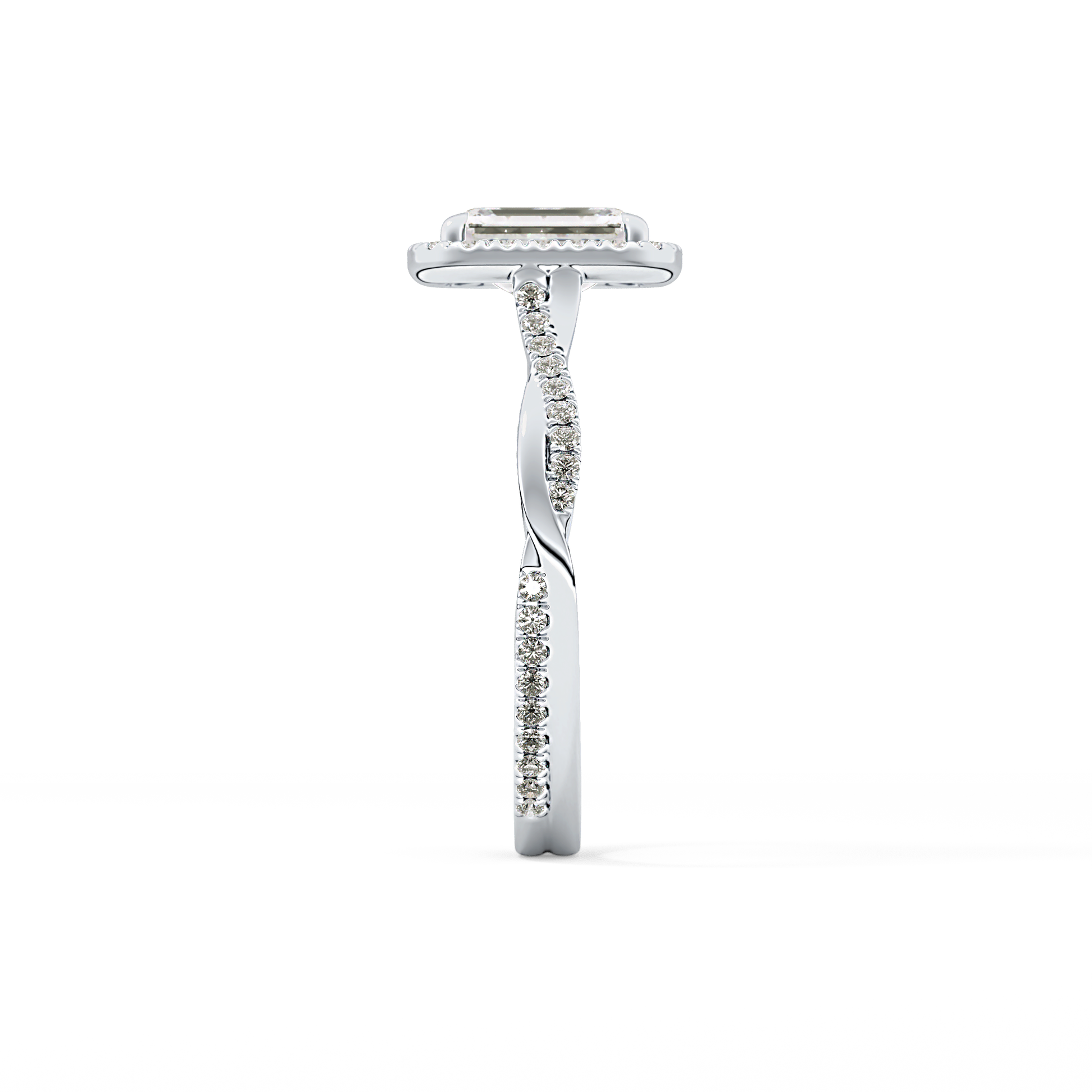 Emerald Cut 1.02 Carat Moissanite Ring – Twisted Shank, Halo and Pave Setting in Gold