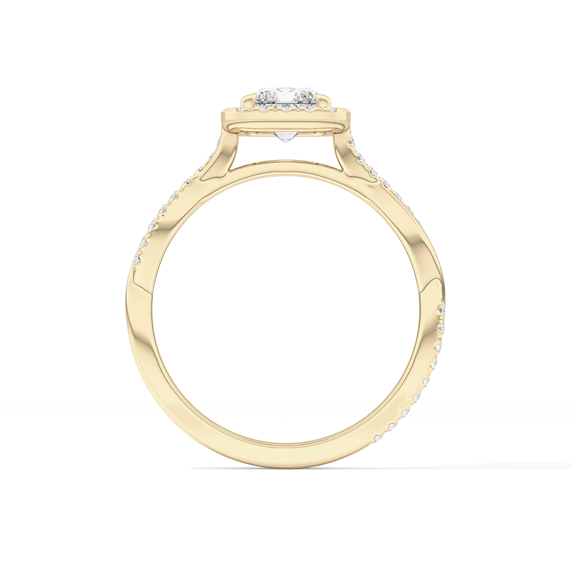 Radiant Cut 1.21 Carat Moissanite Ring – Twisted Shank, Halo and Pave Setting in Gold