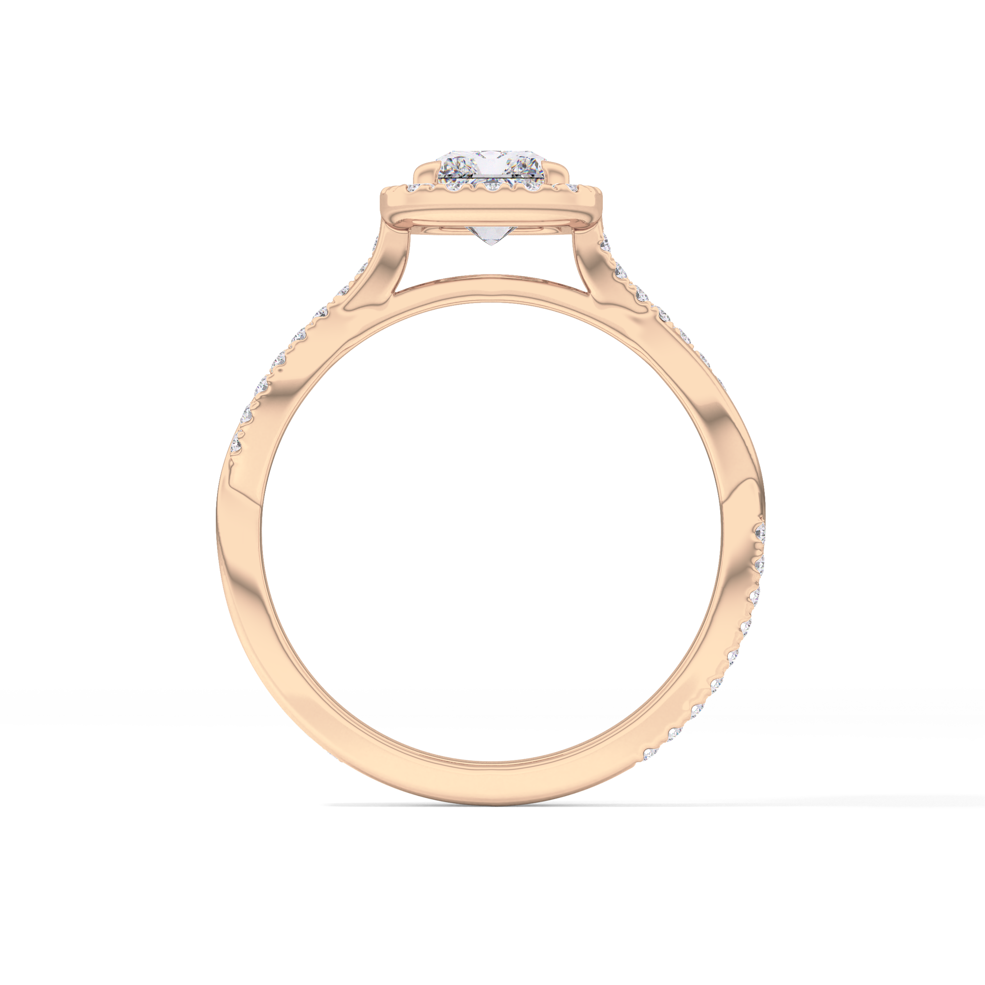 Radiant Cut 1.21 Carat Moissanite Ring – Twisted Shank, Halo and Pave Setting in Gold