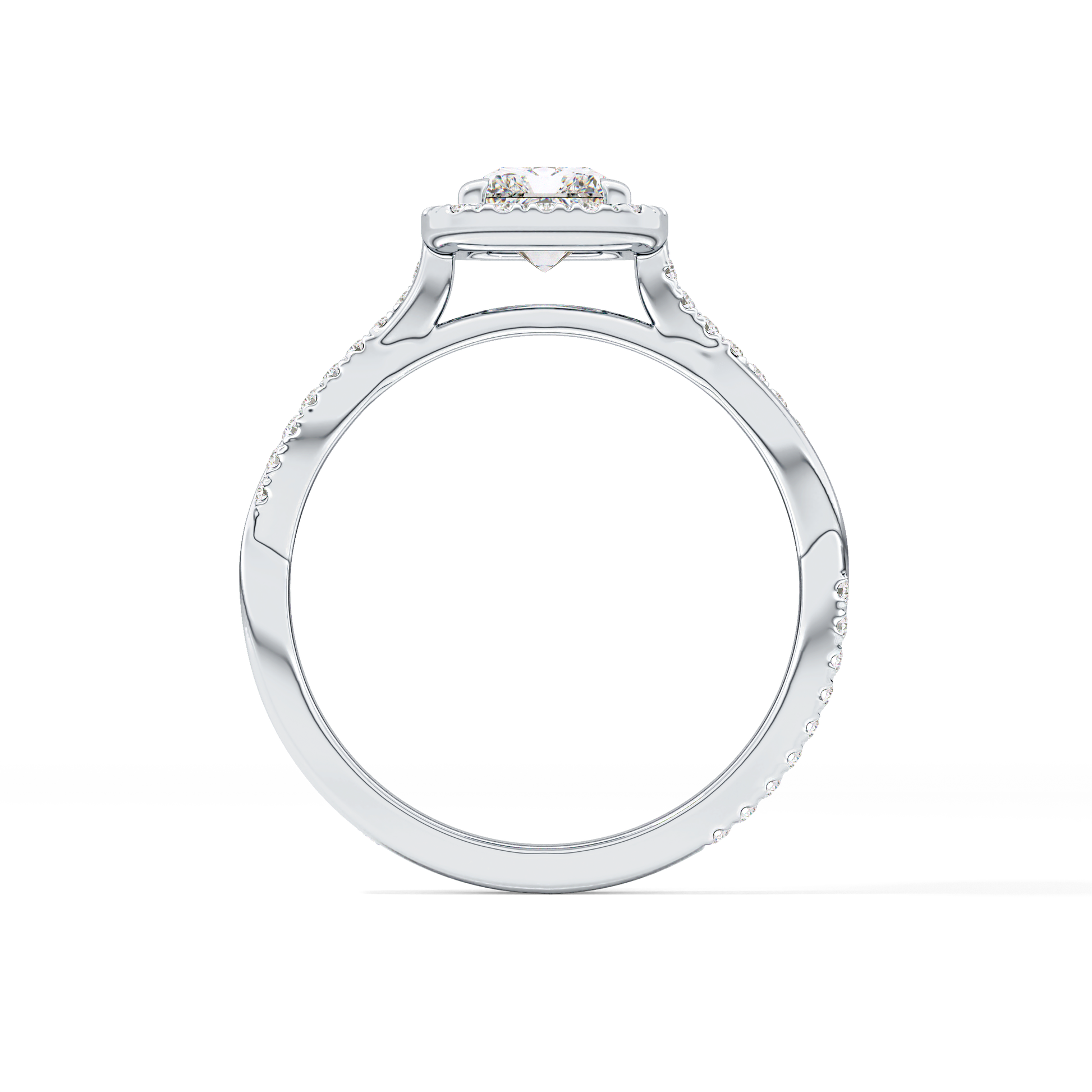 Radiant Cut 1.21 Carat Moissanite Ring – Twisted Shank, Halo and Pave Setting in Gold