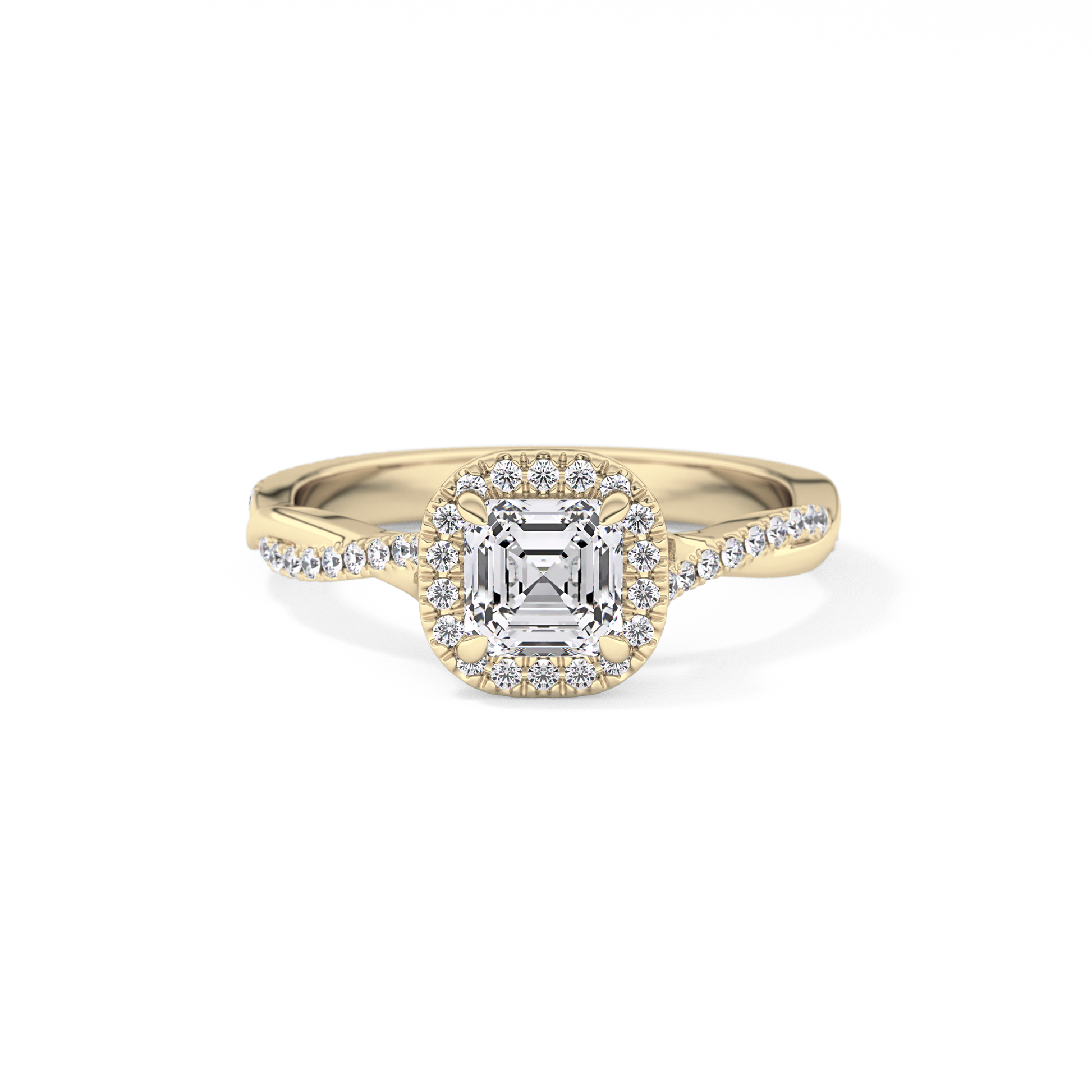 Asscher Cut 0.65 Carat Moissanite Ring – Twisted Shank, Halo and Pave Setting in Gold 7
