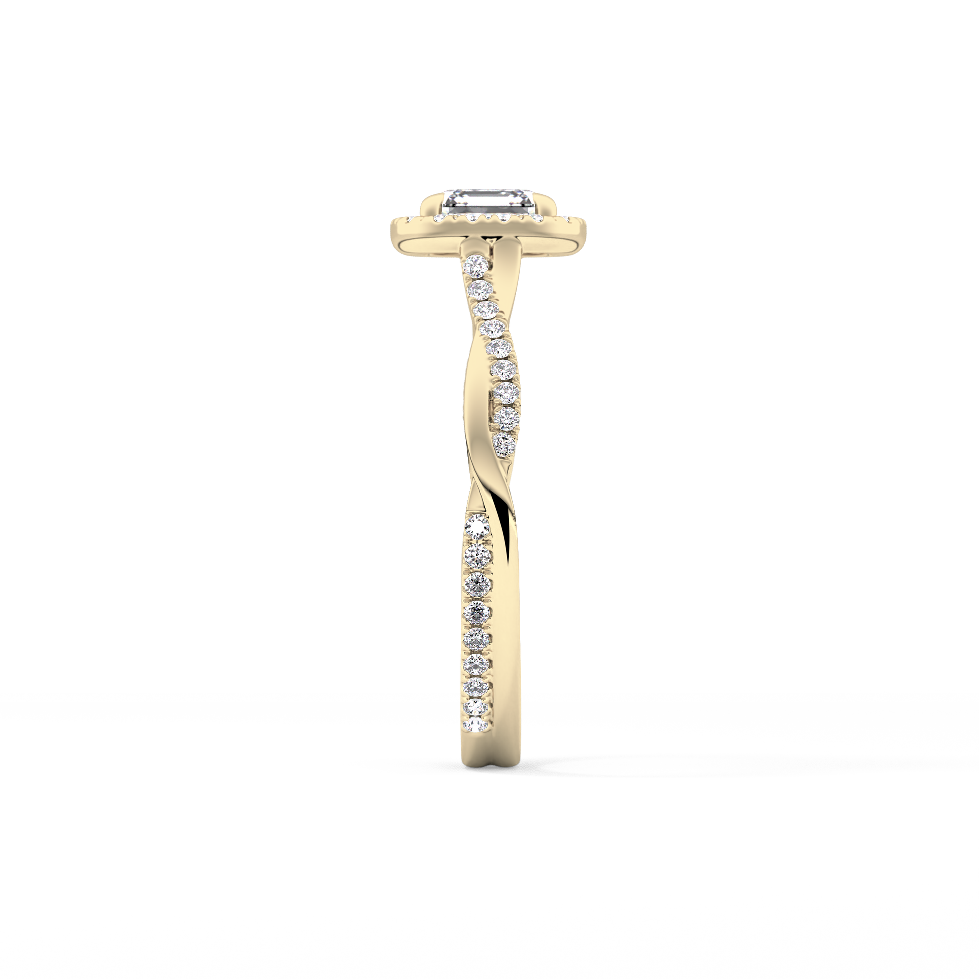 Asscher Cut 0.65 Carat Moissanite Ring – Twisted Shank, Halo and Pave Setting in Gold 10