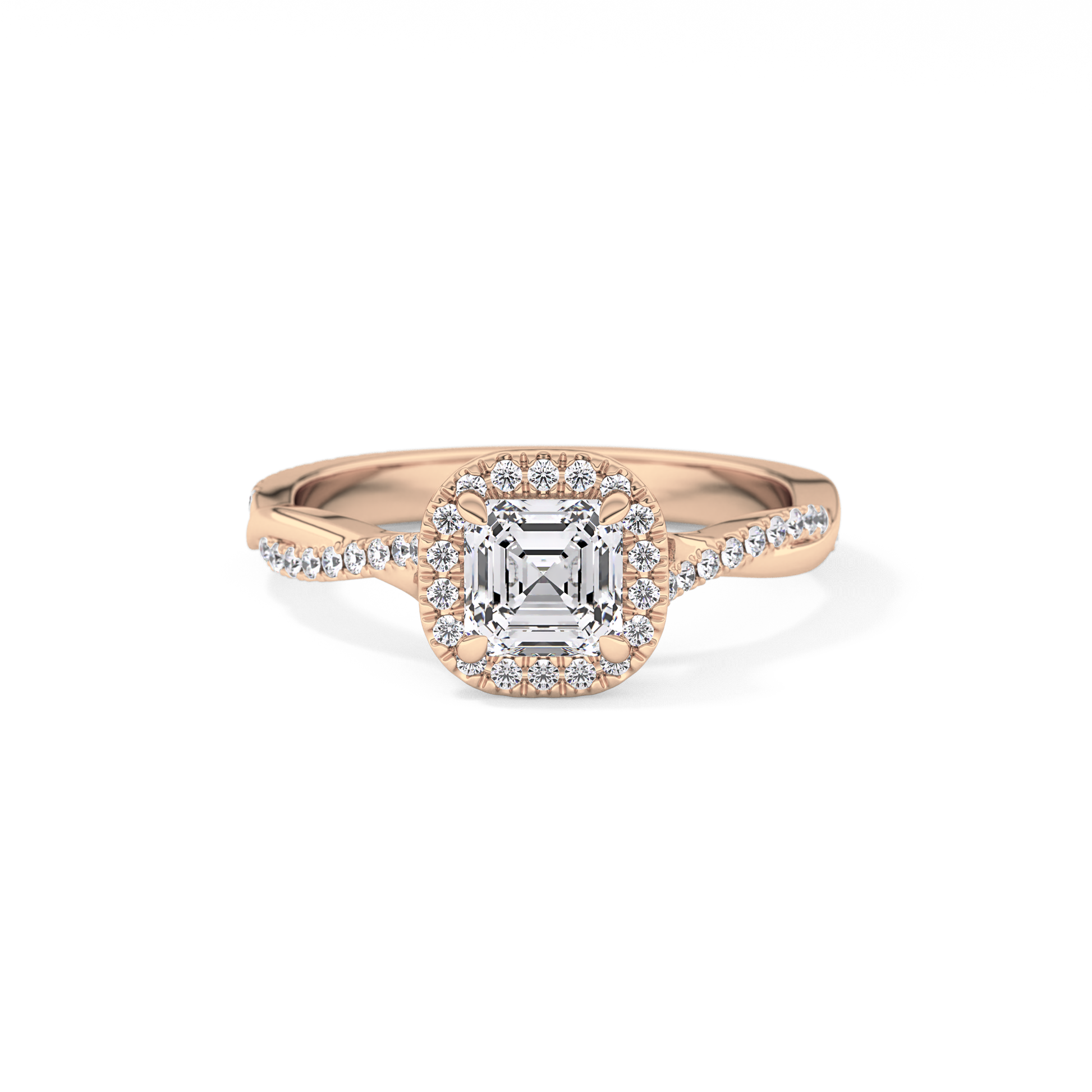Asscher Cut 0.65 Carat Moissanite Ring – Twisted Shank, Halo and Pave Setting in Gold 13