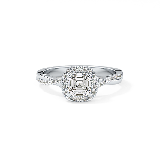 Asscher Cut 0.65 Carat Moissanite Ring – Twisted Shank, Halo and Pave Setting in Gold 1