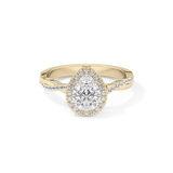 Pear Cut 0.81 Carat Moissanite Ring – Twisted Shank, Halo and Pave Setting in Gold