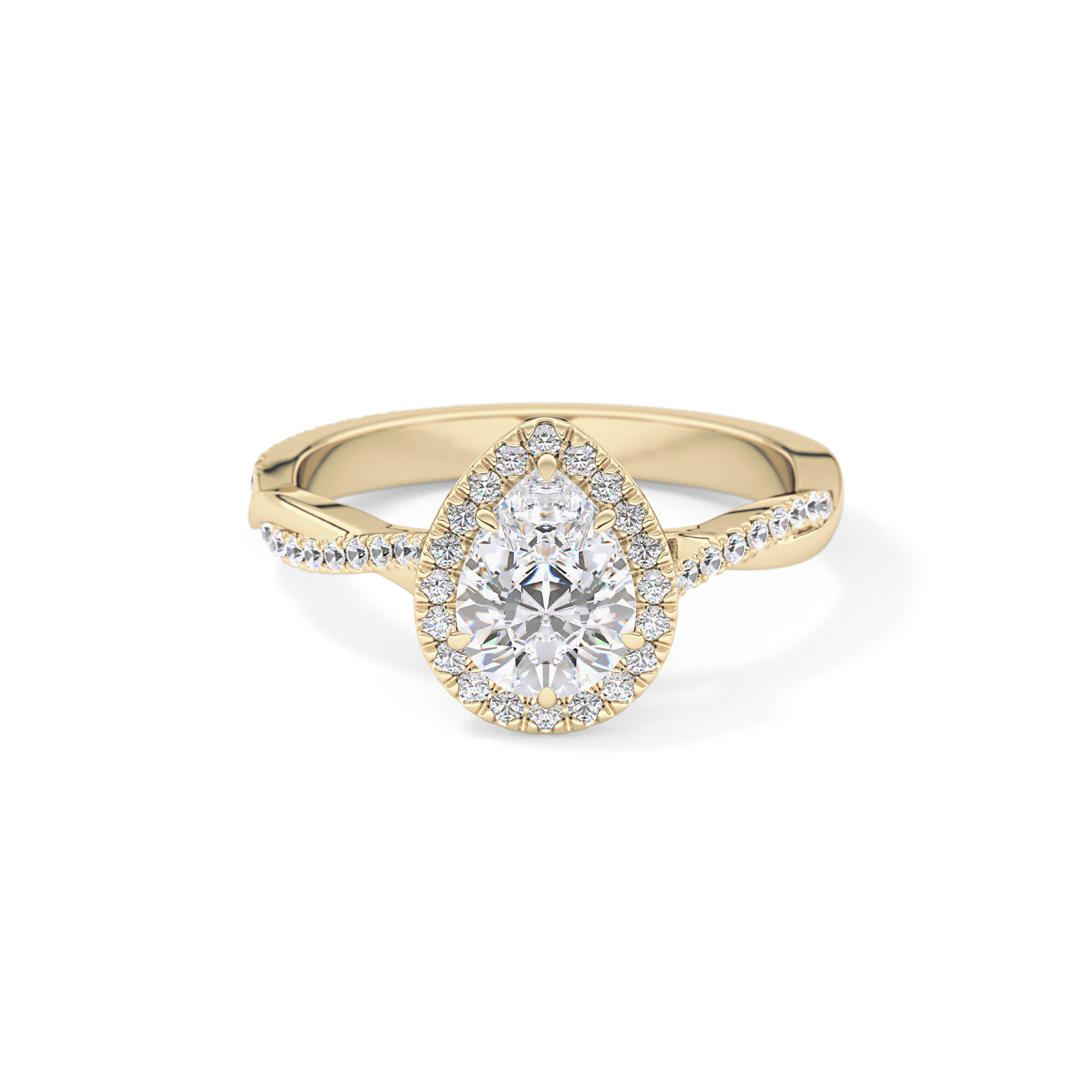 Pear Cut 0.81 Carat Moissanite Ring – Twisted Shank, Halo and Pave Setting in Gold