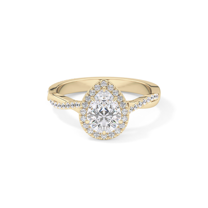 Pear Cut 0.81 Carat Moissanite Ring – Twisted Shank, Halo and Pave Setting in Gold