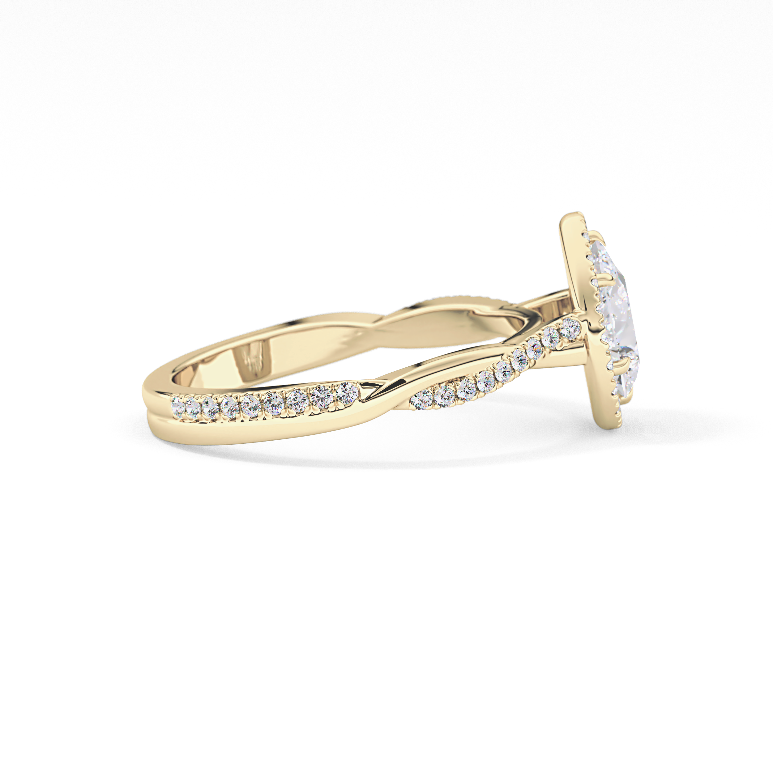 Pear Cut 0.81 Carat Moissanite Ring – Twisted Shank, Halo and Pave Setting in Gold