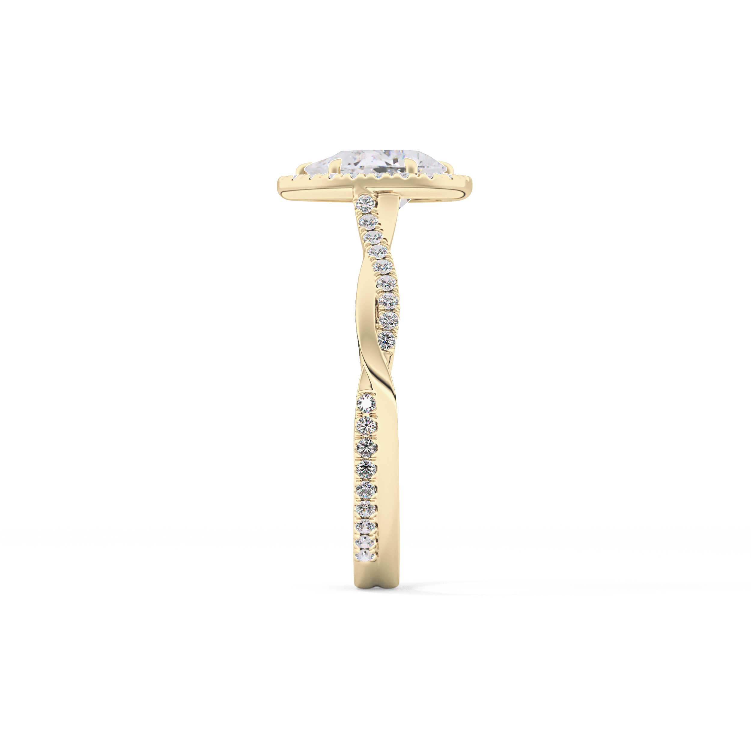 Pear Cut 0.81 Carat Moissanite Ring – Twisted Shank, Halo and Pave Setting in Gold