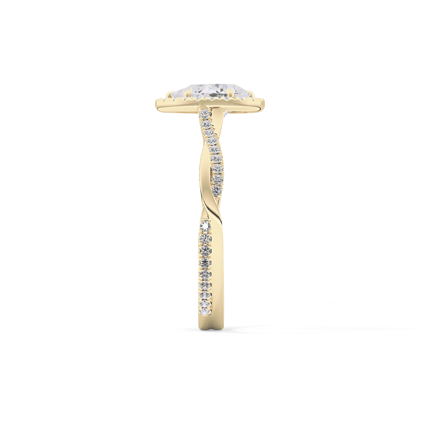 Pear Cut 0.81 Carat Moissanite Ring – Twisted Shank, Halo and Pave Setting in Gold
