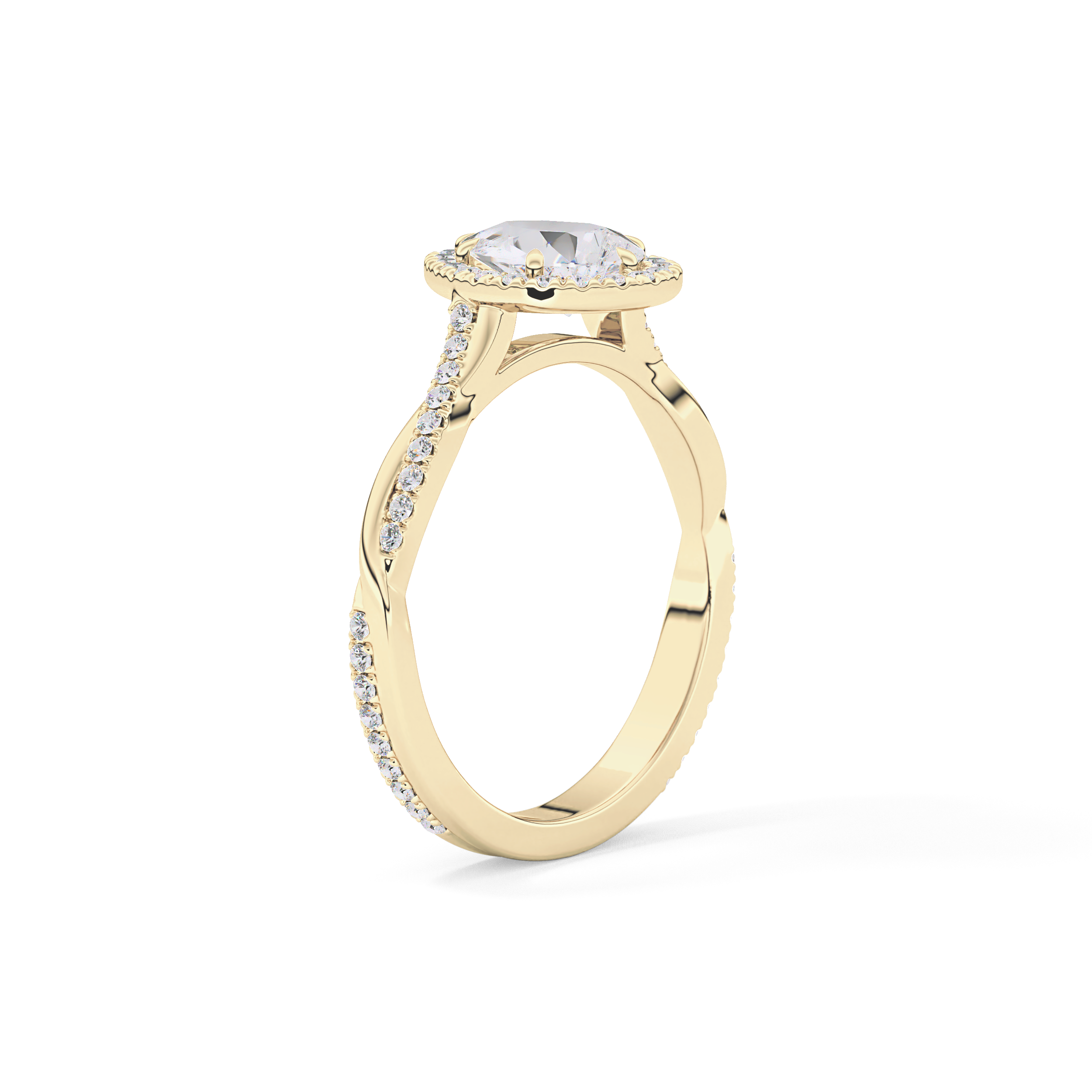 Pear Cut 0.81 Carat Moissanite Ring – Twisted Shank, Halo and Pave Setting in Gold