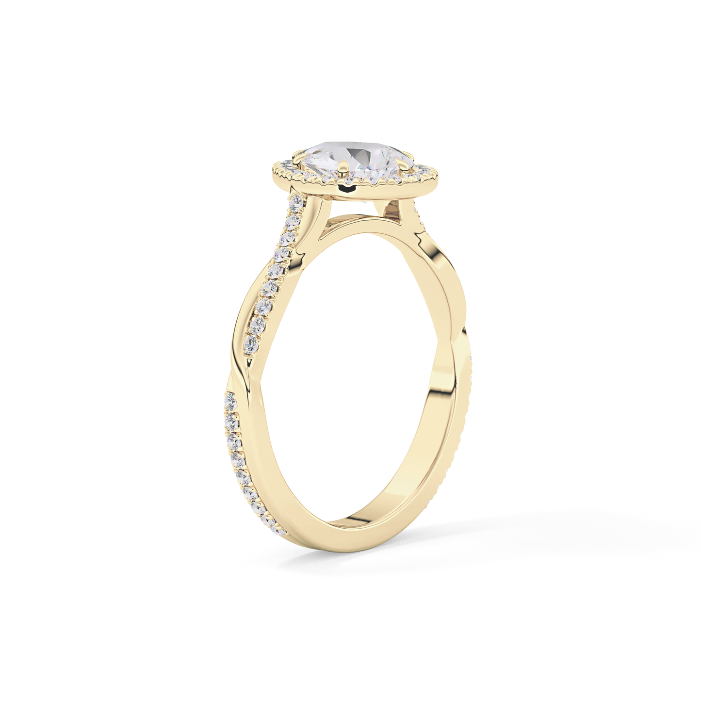 Pear Cut 0.81 Carat Moissanite Ring – Twisted Shank, Halo and Pave Setting in Gold