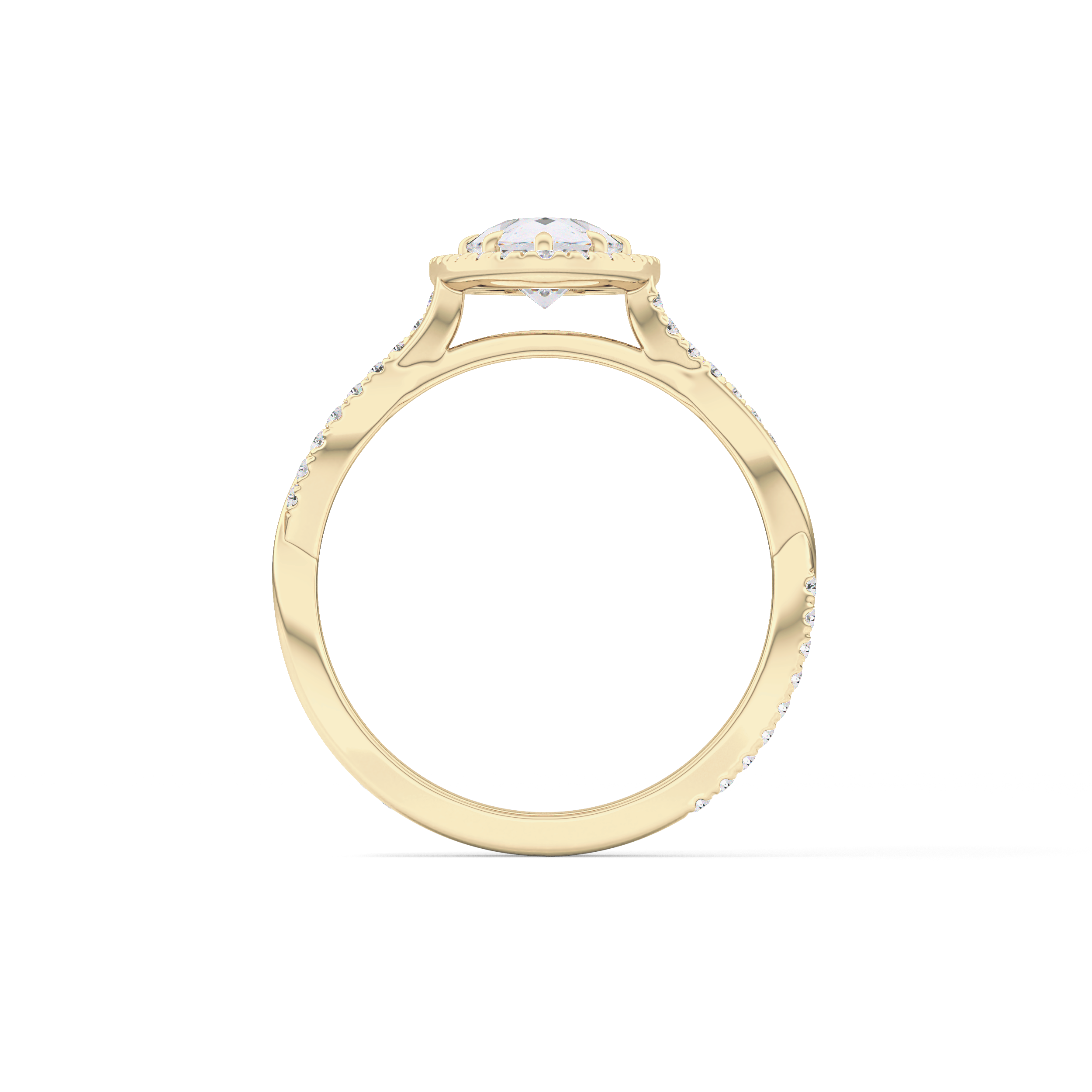 Pear Cut 0.81 Carat Moissanite Ring – Twisted Shank, Halo and Pave Setting in Gold