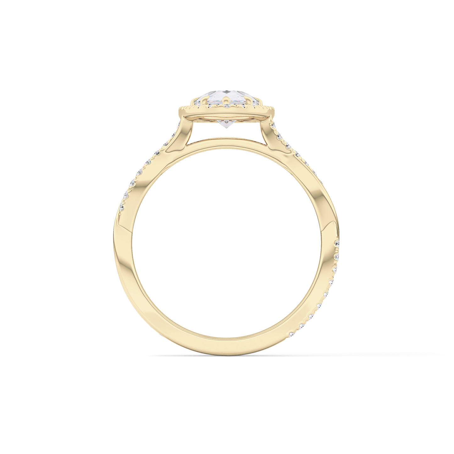 Pear Cut 0.81 Carat Moissanite Ring – Twisted Shank, Halo and Pave Setting in Gold