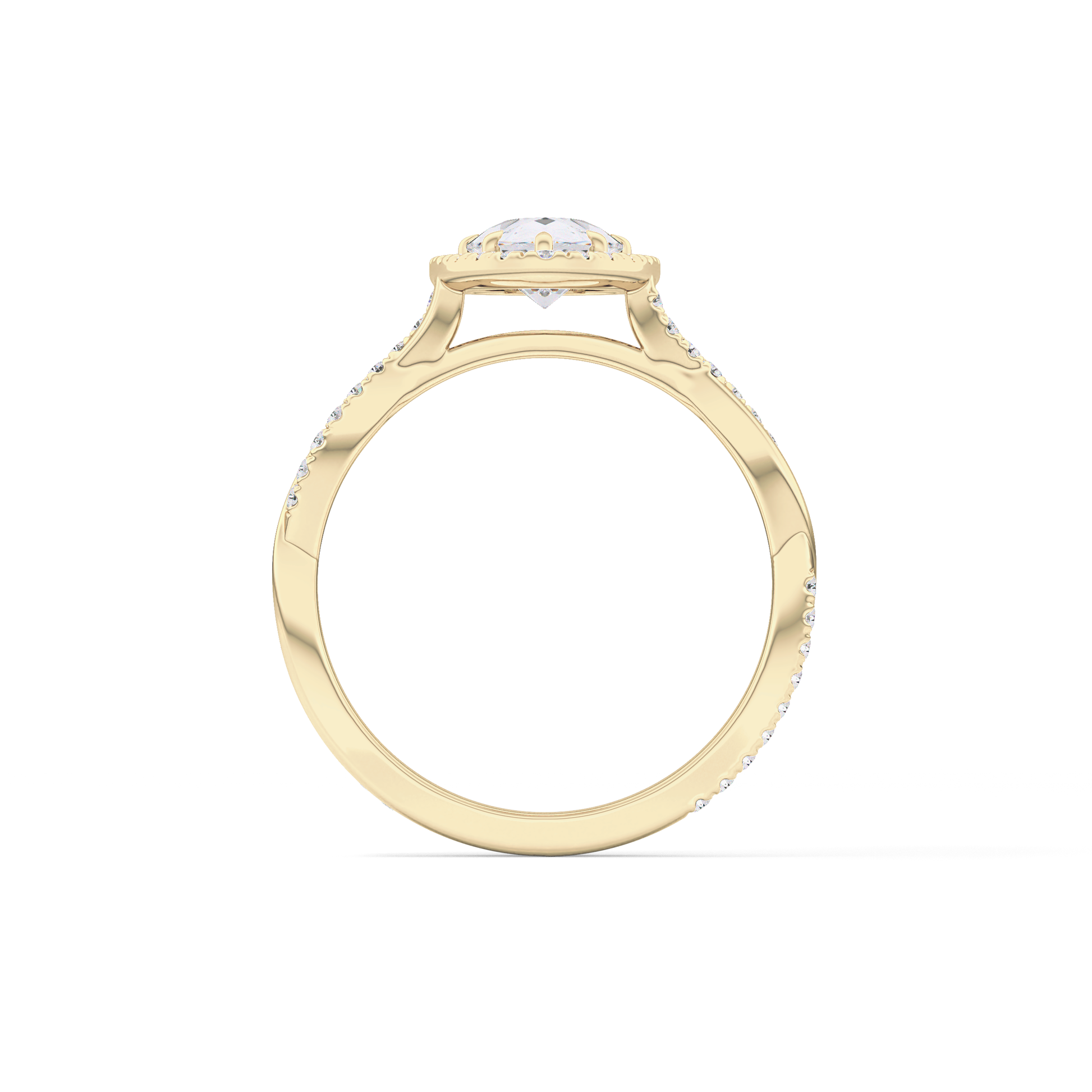 Pear Cut 0.81 Carat Moissanite Ring – Twisted Shank, Halo and Pave Setting in Gold
