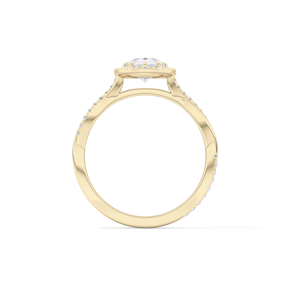 Pear Cut 0.81 Carat Moissanite Ring – Twisted Shank, Halo and Pave Setting in Gold