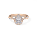 Pear Cut 0.81 Carat Moissanite Ring – Twisted Shank, Halo and Pave Setting in Gold