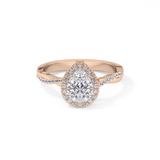 Pear Cut 0.81 Carat Moissanite Ring – Twisted Shank, Halo and Pave Setting in Gold