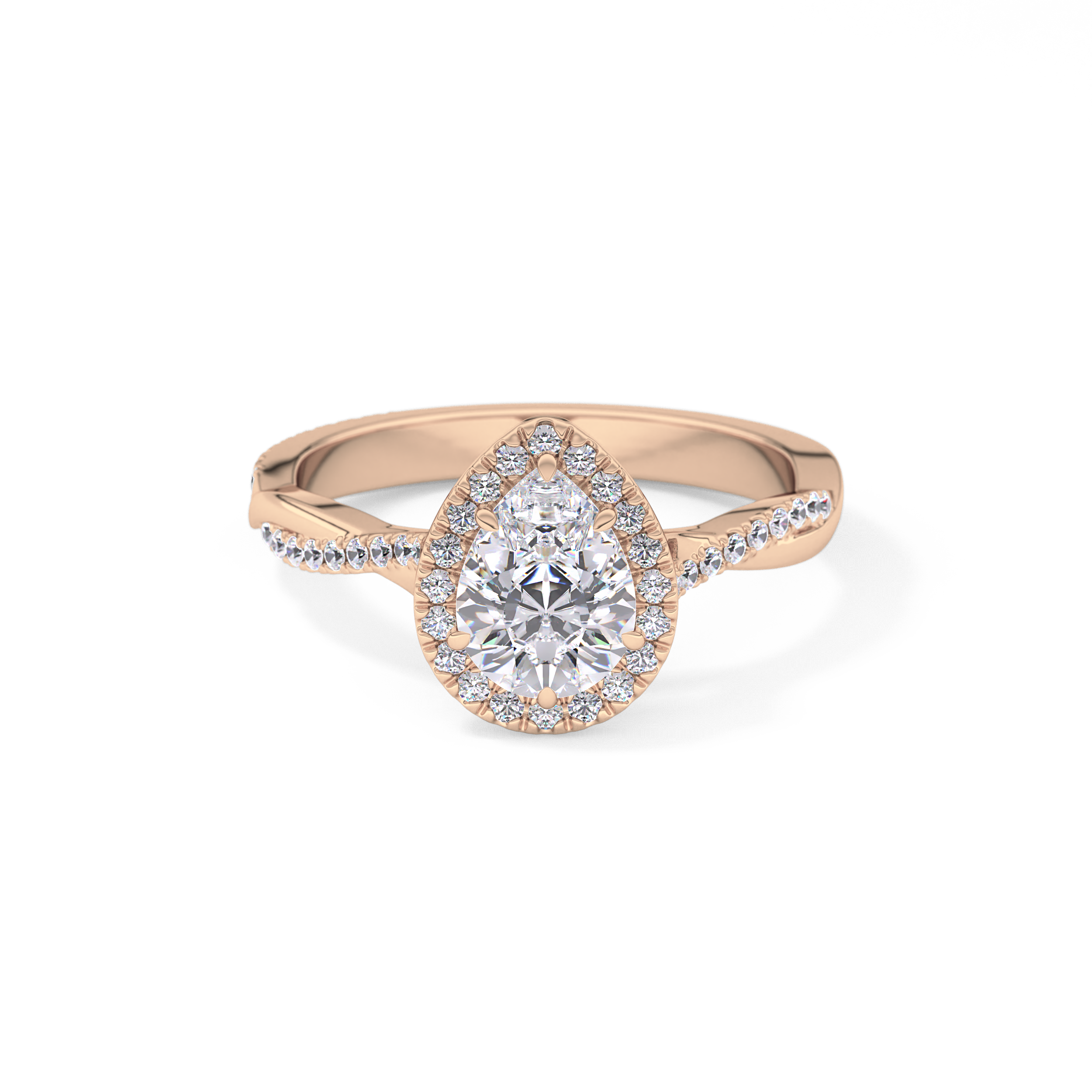 Pear Cut 0.81 Carat Moissanite Ring – Twisted Shank, Halo and Pave Setting in Gold