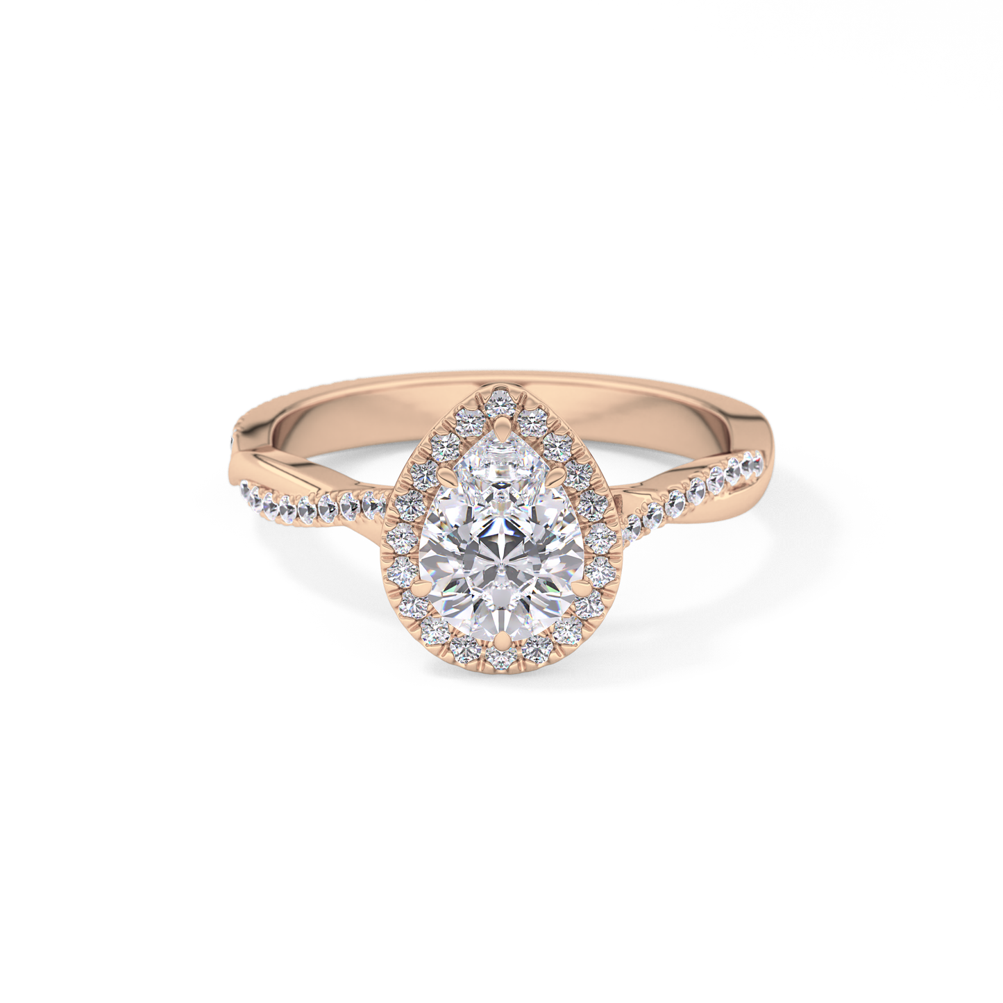 Pear Cut 0.81 Carat Moissanite Ring – Twisted Shank, Halo and Pave Setting in Gold