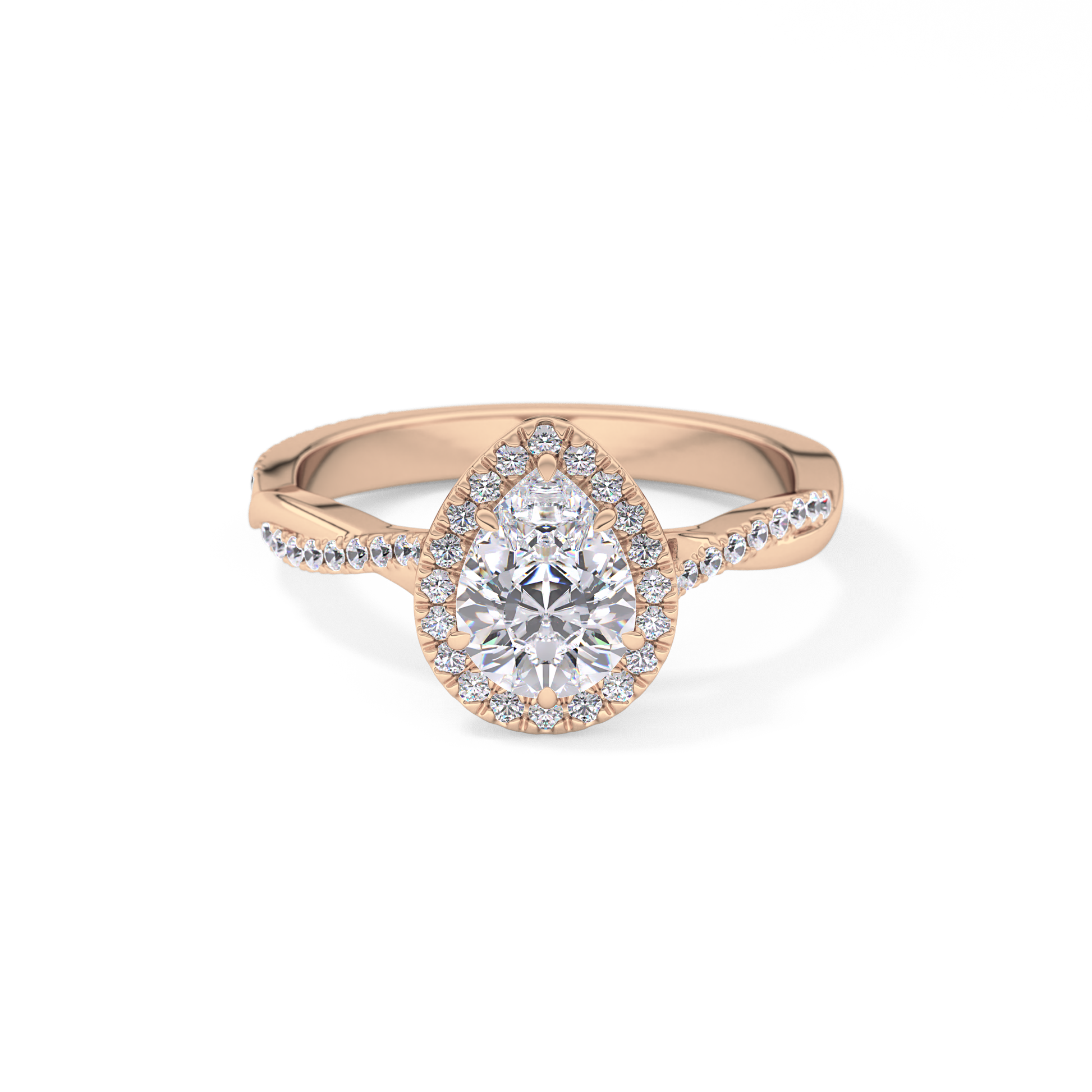 Pear Cut 0.81 Carat Moissanite Ring – Twisted Shank, Halo and Pave Setting in Gold