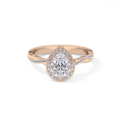 Pear Cut 0.81 Carat Moissanite Ring – Twisted Shank, Halo and Pave Setting in Gold