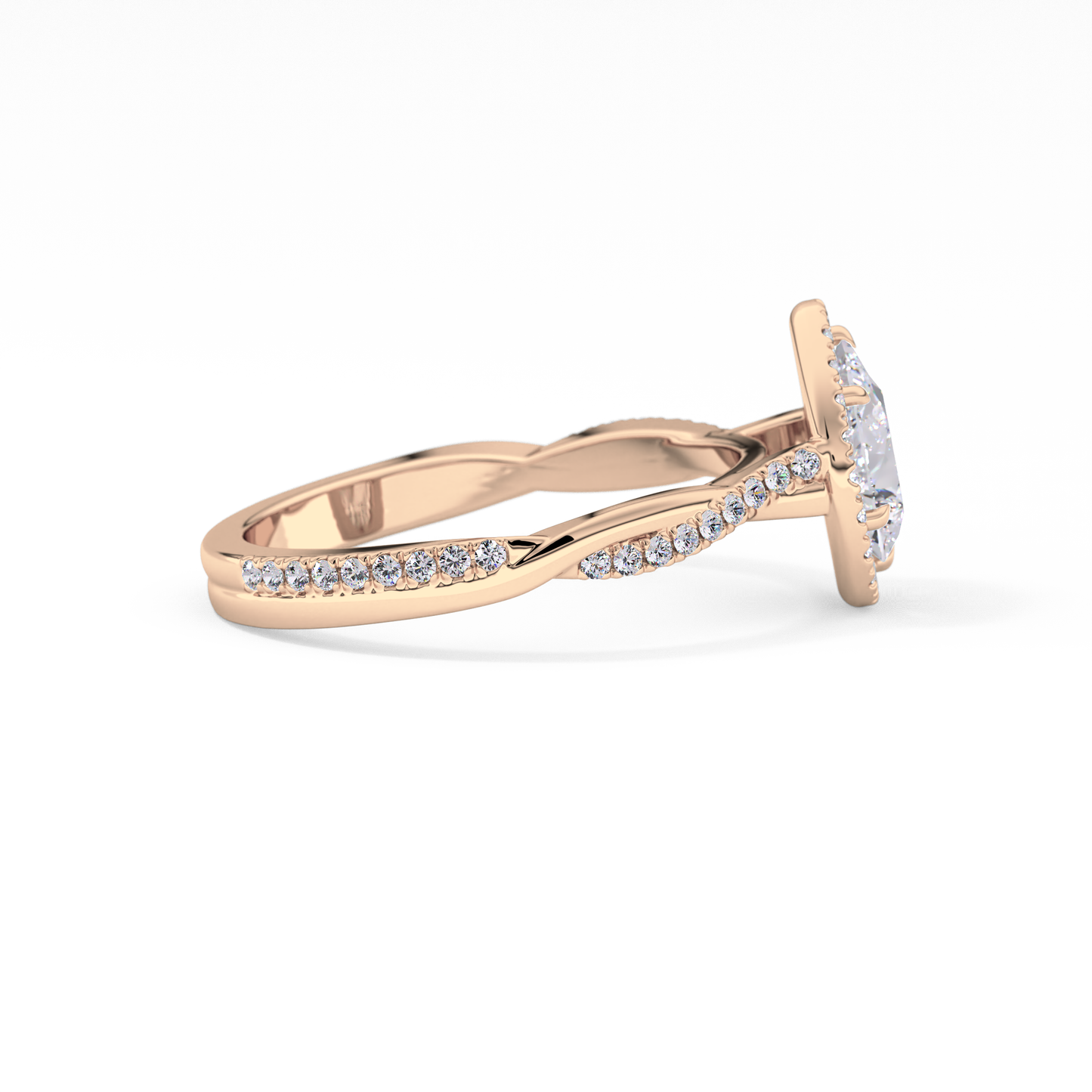 Pear Cut 0.81 Carat Moissanite Ring – Twisted Shank, Halo and Pave Setting in Gold