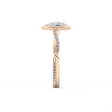 Pear Cut 0.81 Carat Moissanite Ring – Twisted Shank, Halo and Pave Setting in Gold