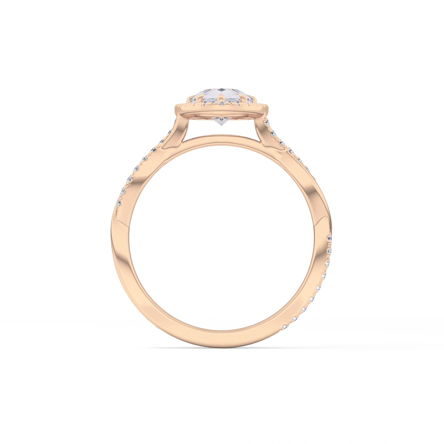 Pear Cut 0.81 Carat Moissanite Ring – Twisted Shank, Halo and Pave Setting in Gold