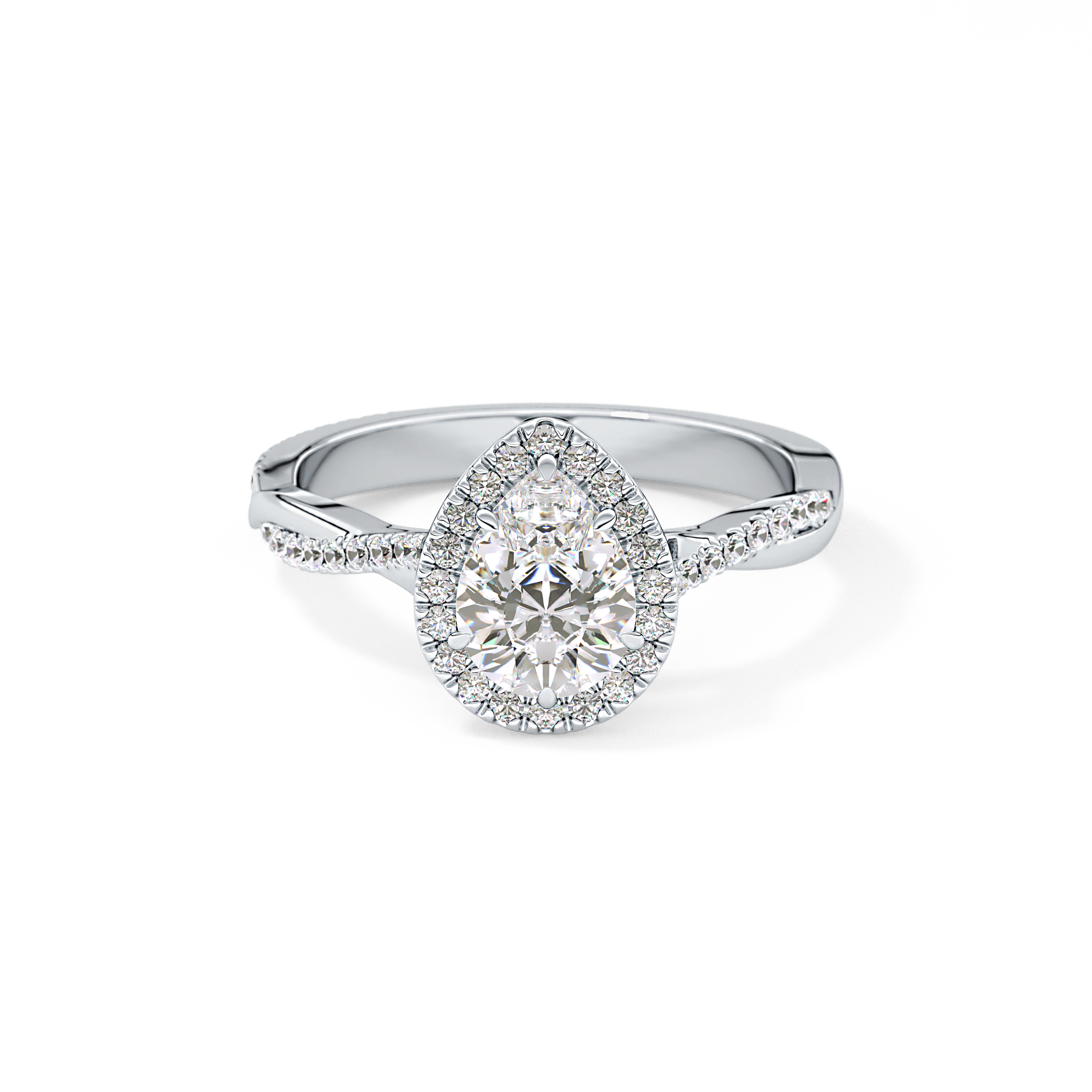 Pear Cut 0.81 Carat Moissanite Ring – Twisted Shank, Halo and Pave Setting in Gold