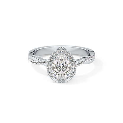 Pear Cut 0.81 Carat Moissanite Ring – Twisted Shank, Halo and Pave Setting in Gold