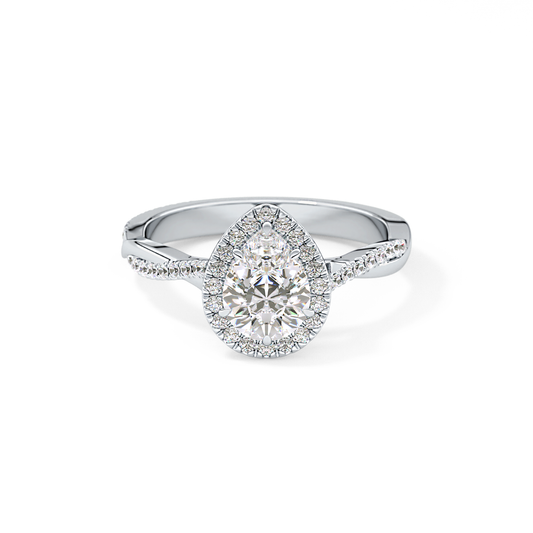 Pear Cut 0.81 Carat Moissanite Ring – Twisted Shank, Halo and Pave Setting in Gold