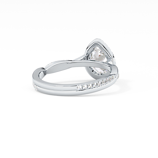 Pear Cut 0.81 Carat Moissanite Ring – Twisted Shank, Halo and Pave Setting in Gold