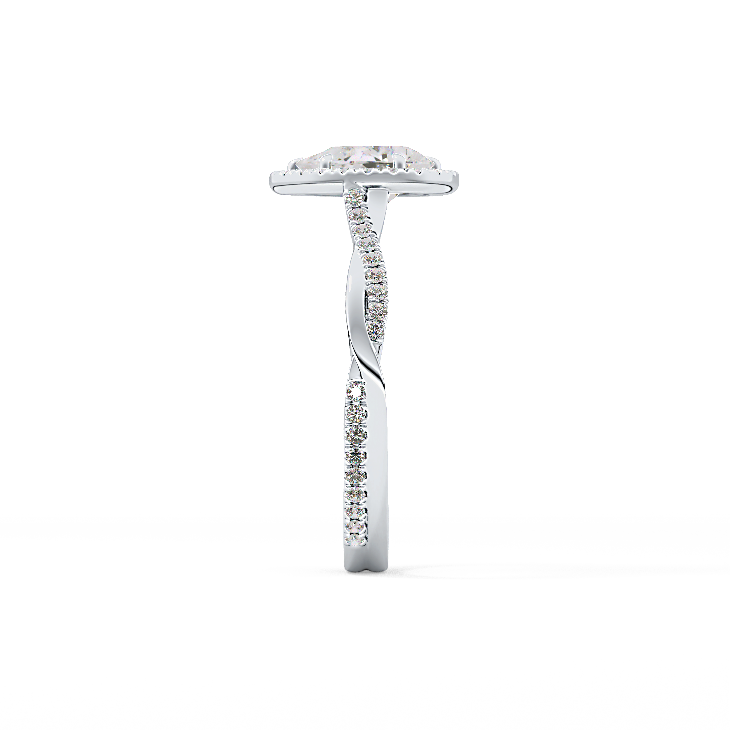 Pear Cut 0.81 Carat Moissanite Ring – Twisted Shank, Halo and Pave Setting in Gold