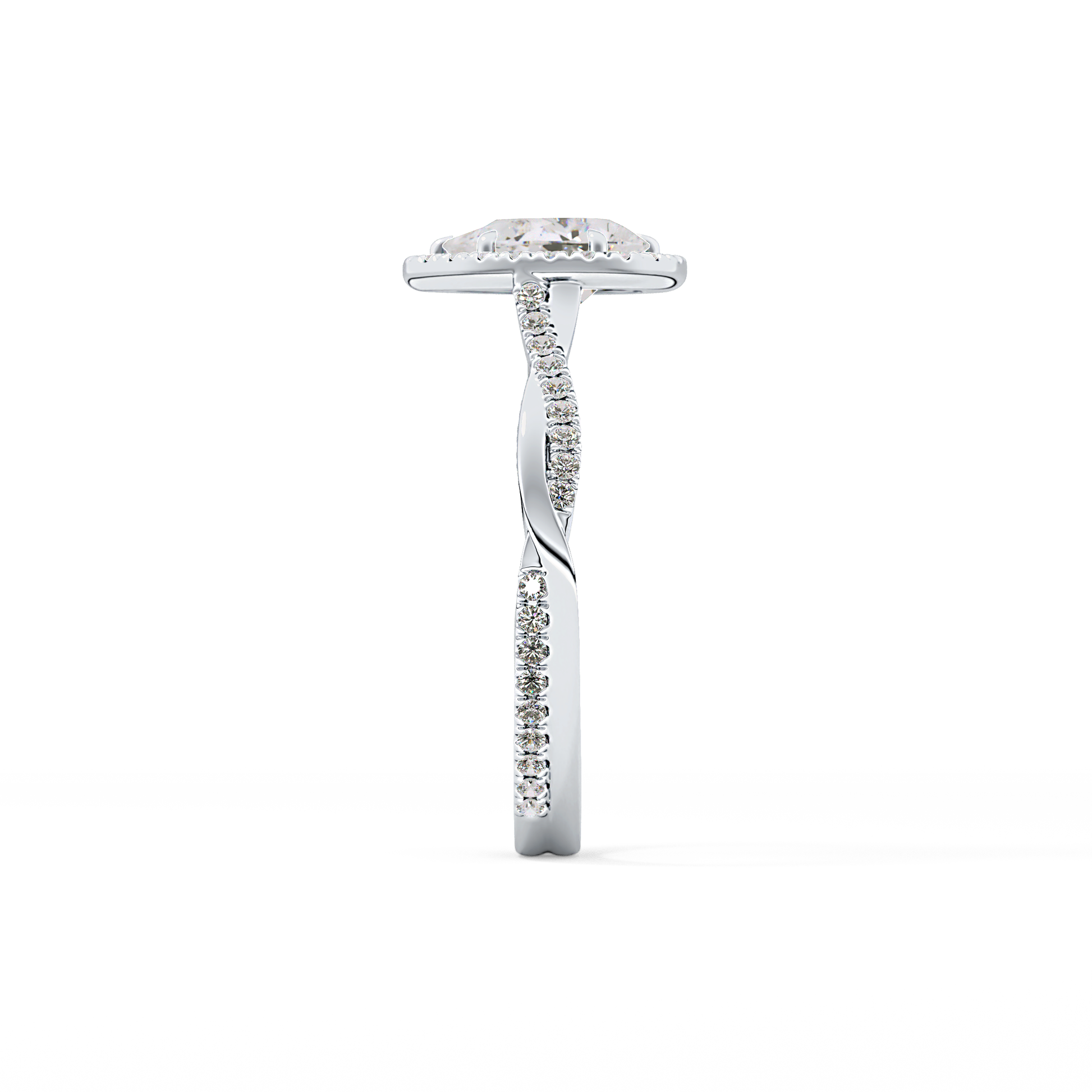 Pear Cut 0.81 Carat Moissanite Ring – Twisted Shank, Halo and Pave Setting in Gold