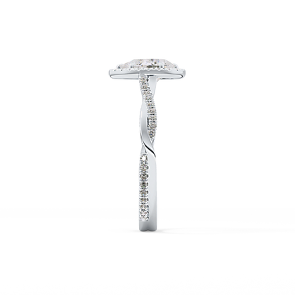 Pear Cut 0.81 Carat Moissanite Ring – Twisted Shank, Halo and Pave Setting in Gold