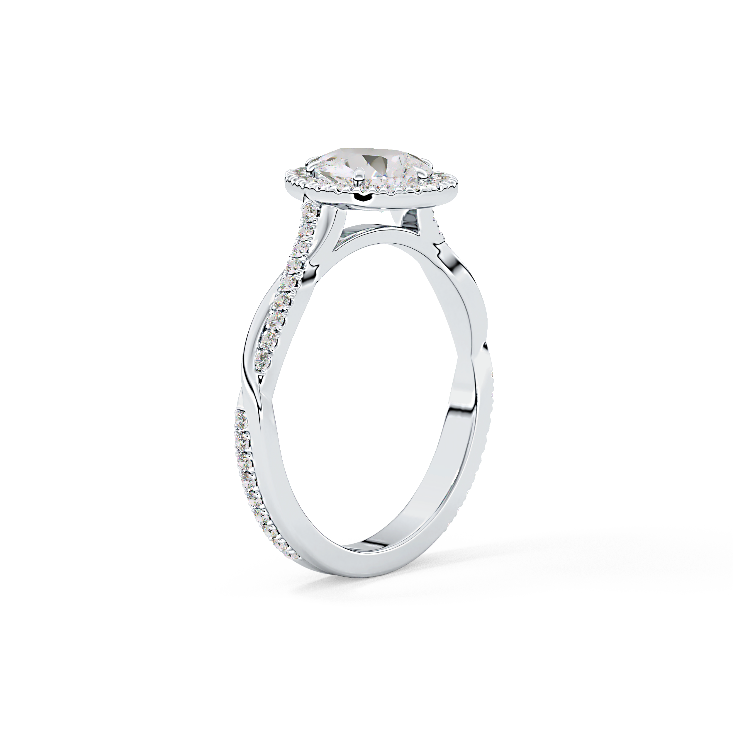Pear Cut 0.81 Carat Moissanite Ring – Twisted Shank, Halo and Pave Setting in Gold