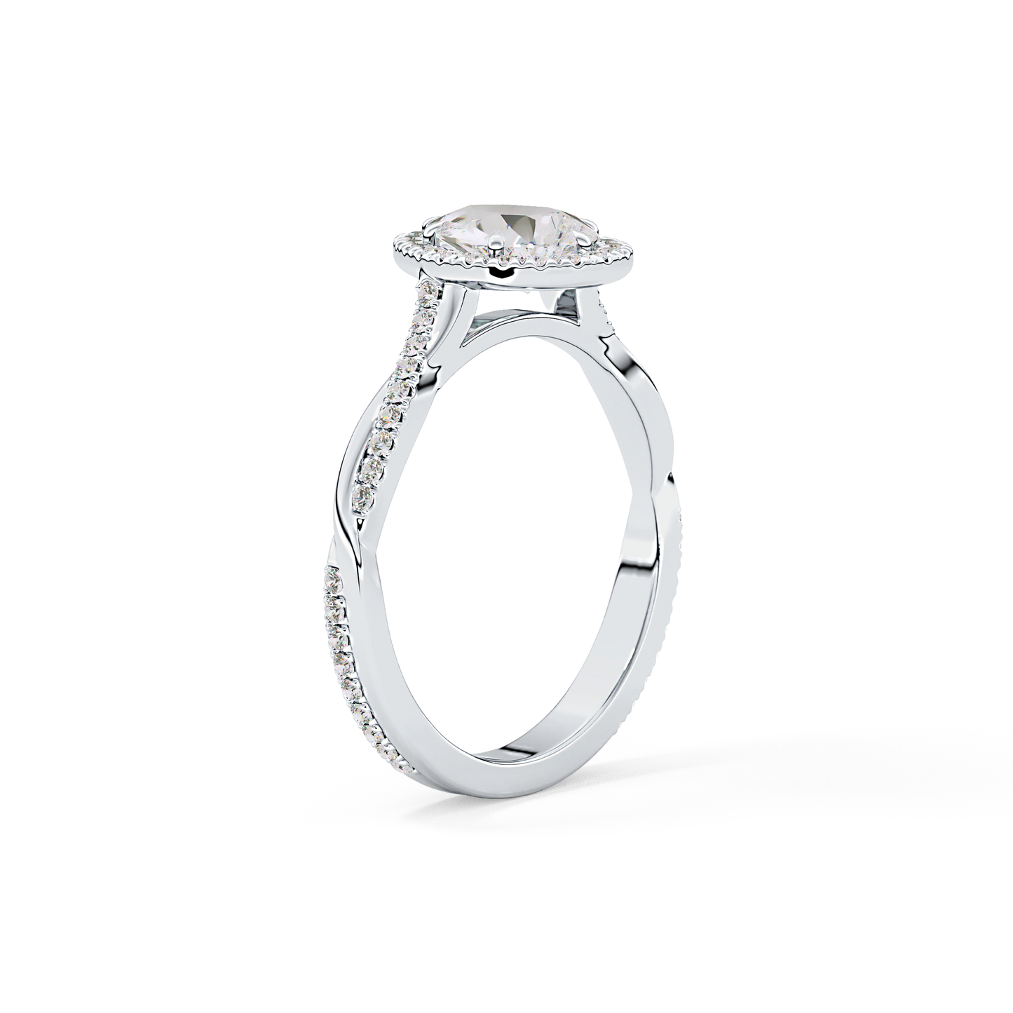 Pear Cut 0.81 Carat Moissanite Ring – Twisted Shank, Halo and Pave Setting in Gold