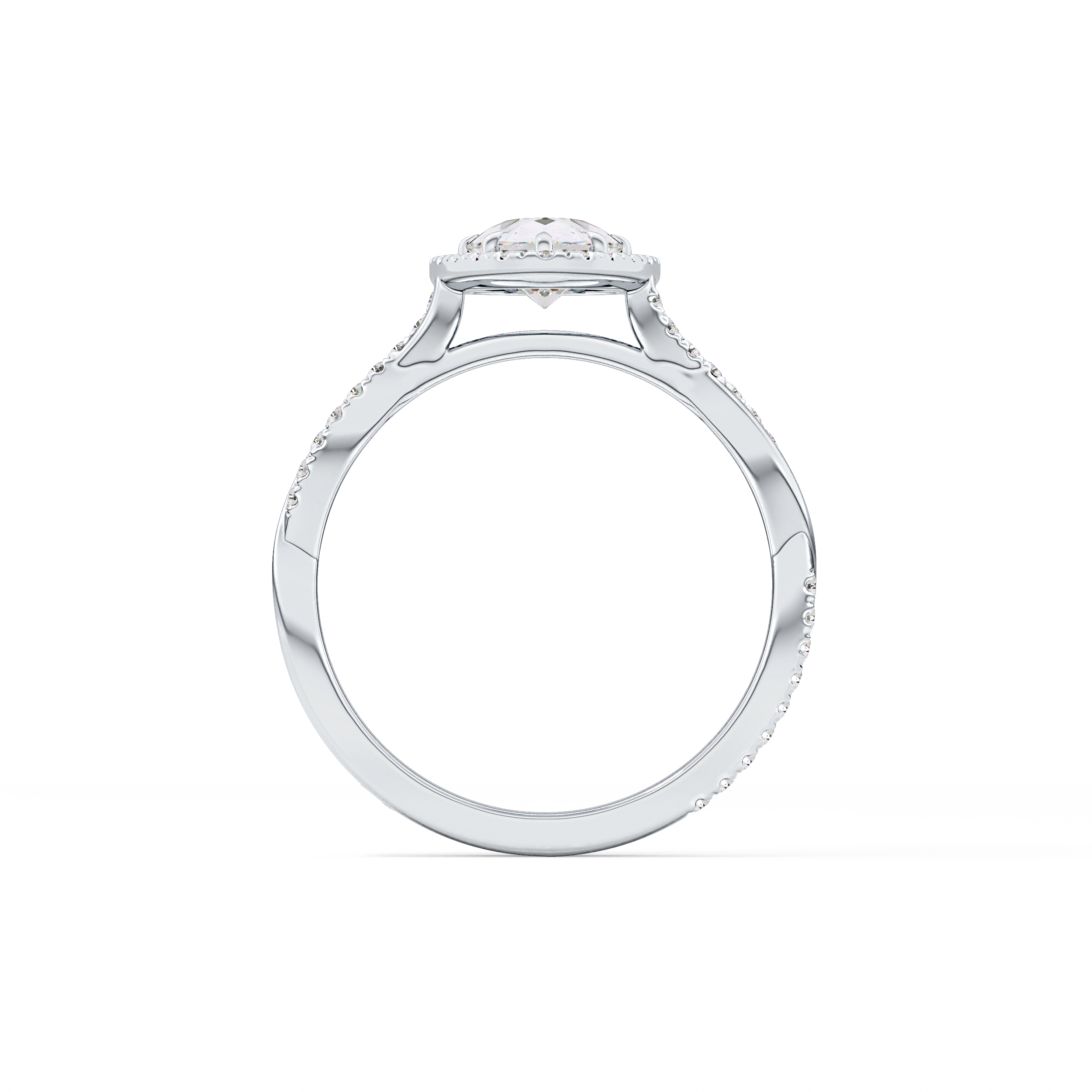 Pear Cut 0.81 Carat Moissanite Ring – Twisted Shank, Halo and Pave Setting in Gold