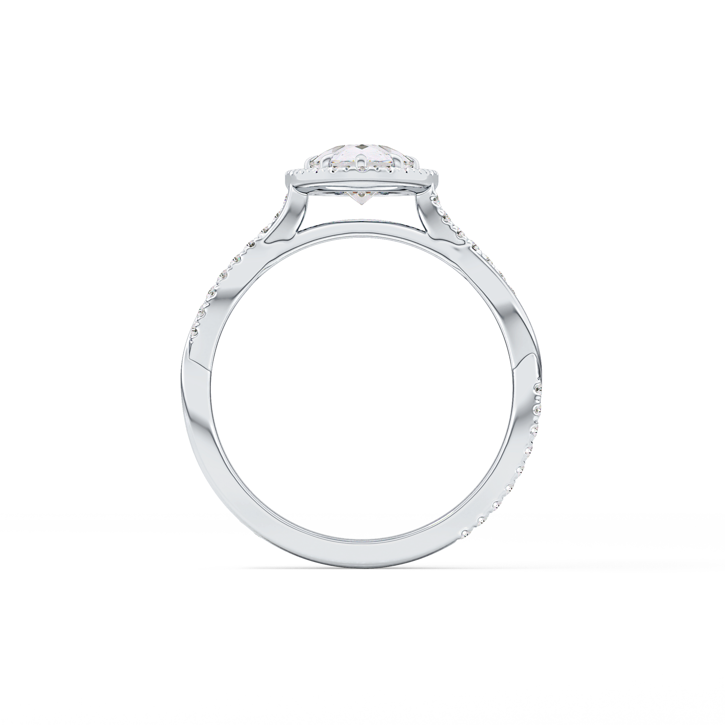 Pear Cut 0.81 Carat Moissanite Ring – Twisted Shank, Halo and Pave Setting in Gold