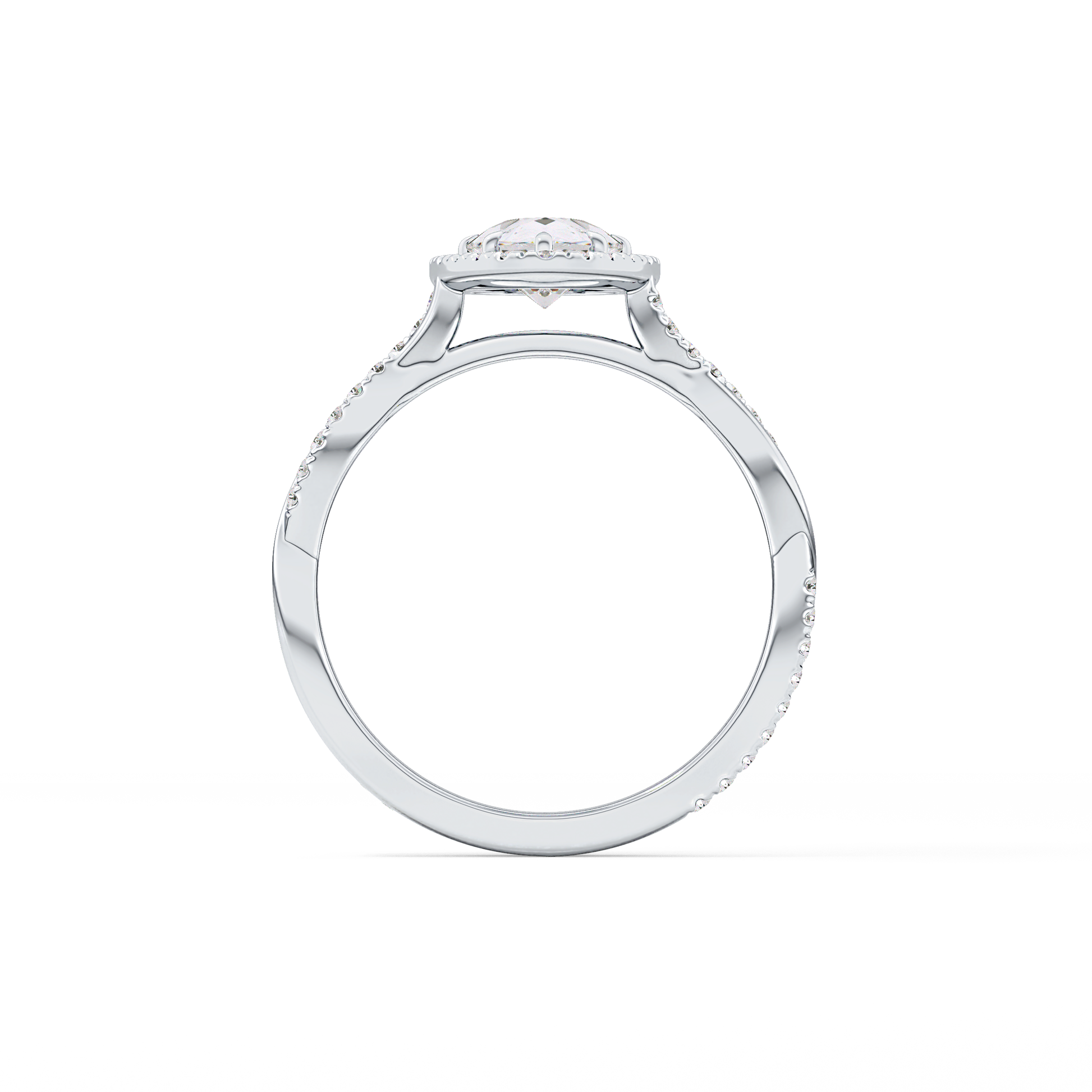 Pear Cut 0.81 Carat Moissanite Ring – Twisted Shank, Halo and Pave Setting in Gold