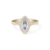 Marquise Cut 0.86 Carat Moissanite Ring – Twisted Shank, Halo and Pave Setting in Gold