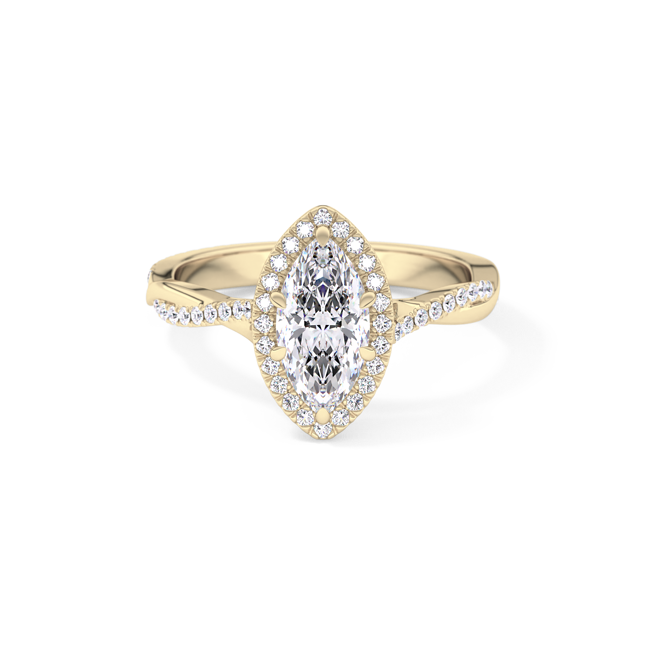 Marquise Cut 0.86 Carat Moissanite Ring – Twisted Shank, Halo and Pave Setting in Gold
