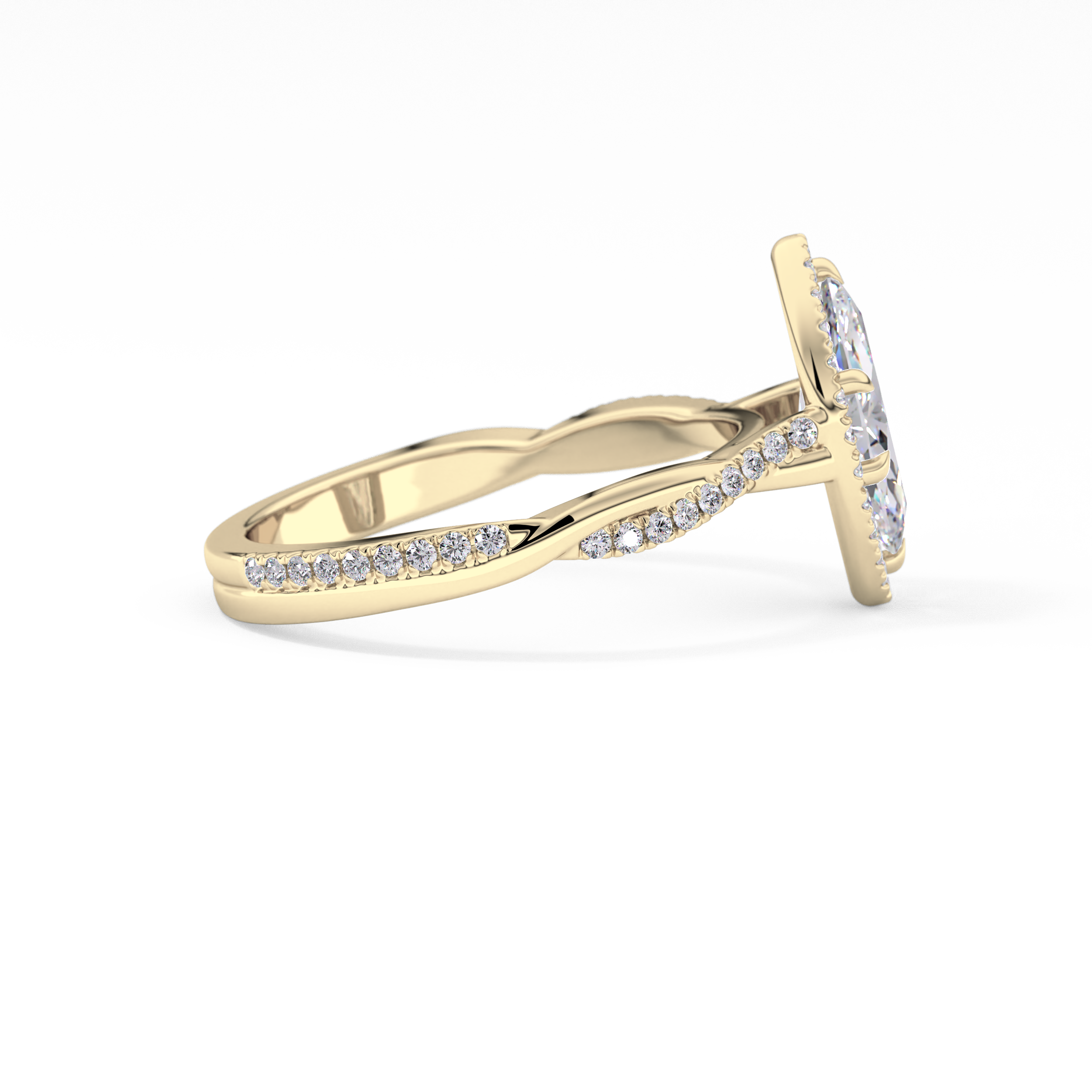 Marquise Cut 0.86 Carat Moissanite Ring – Twisted Shank, Halo and Pave Setting in Gold