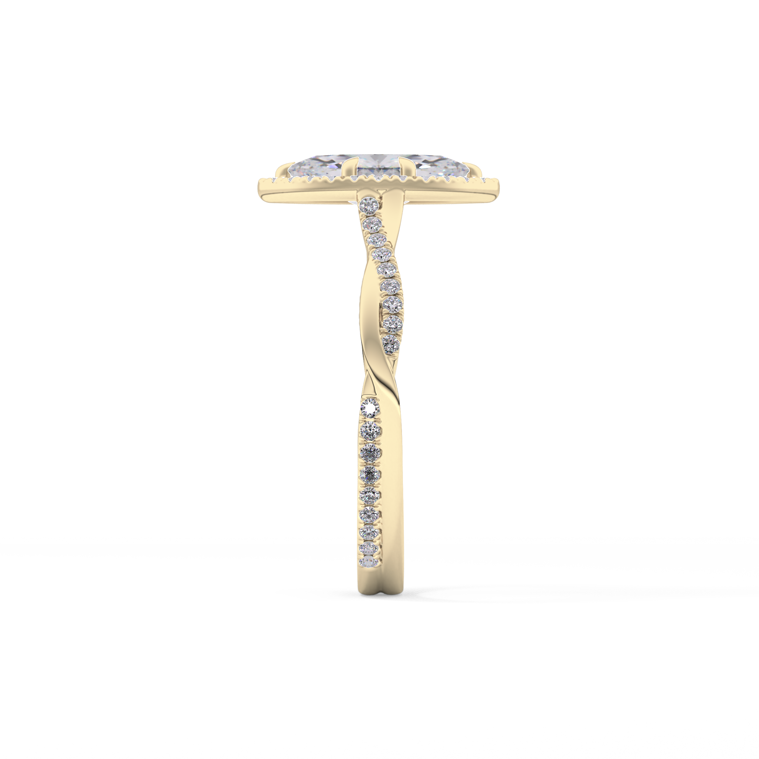 Marquise Cut 0.86 Carat Moissanite Ring – Twisted Shank, Halo and Pave Setting in Gold