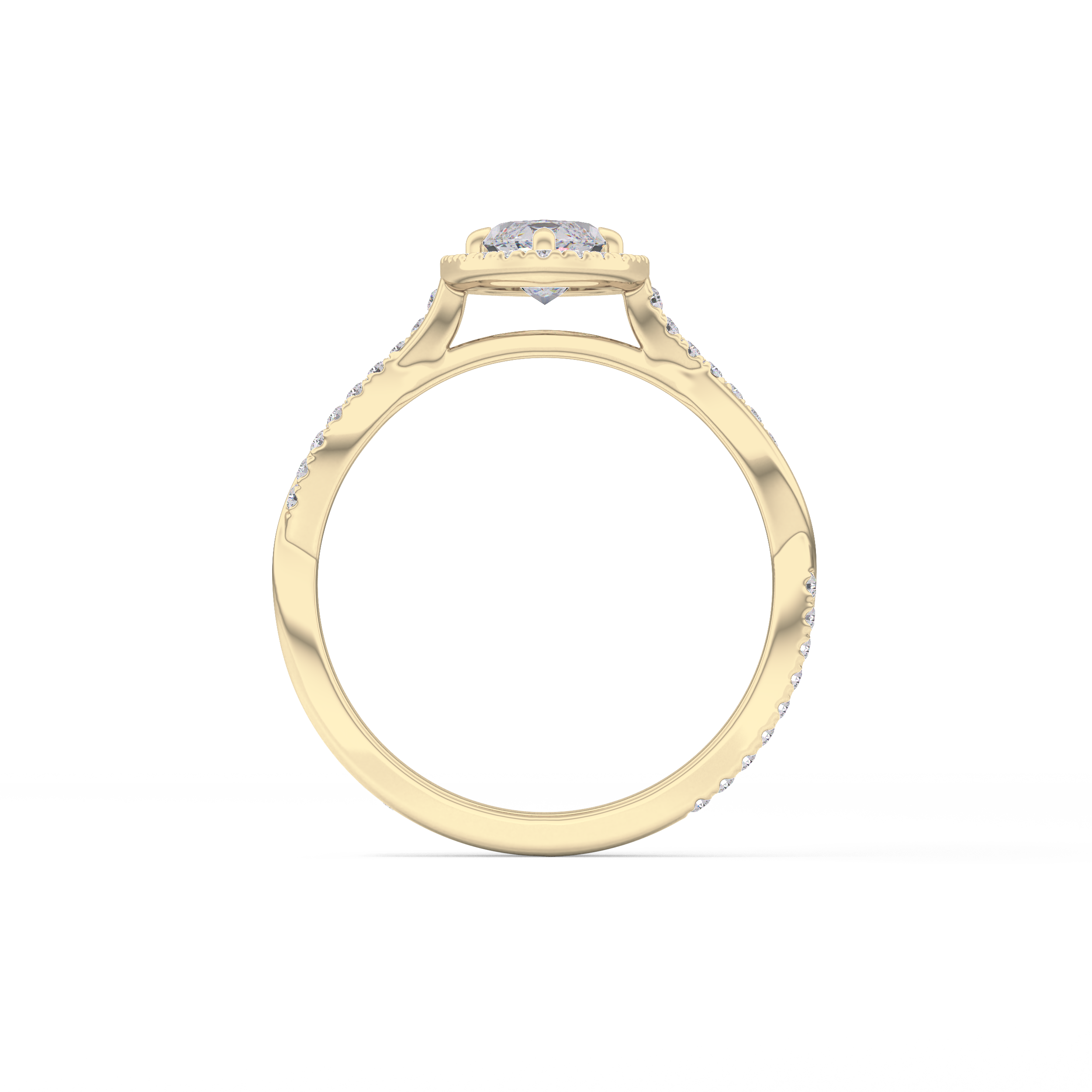 Marquise Cut 0.86 Carat Moissanite Ring – Twisted Shank, Halo and Pave Setting in Gold