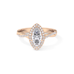 Marquise Cut 0.86 Carat Moissanite Ring – Twisted Shank, Halo and Pave Setting in Gold