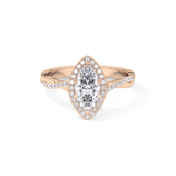 Marquise Cut 0.86 Carat Moissanite Ring – Twisted Shank, Halo and Pave Setting in Gold